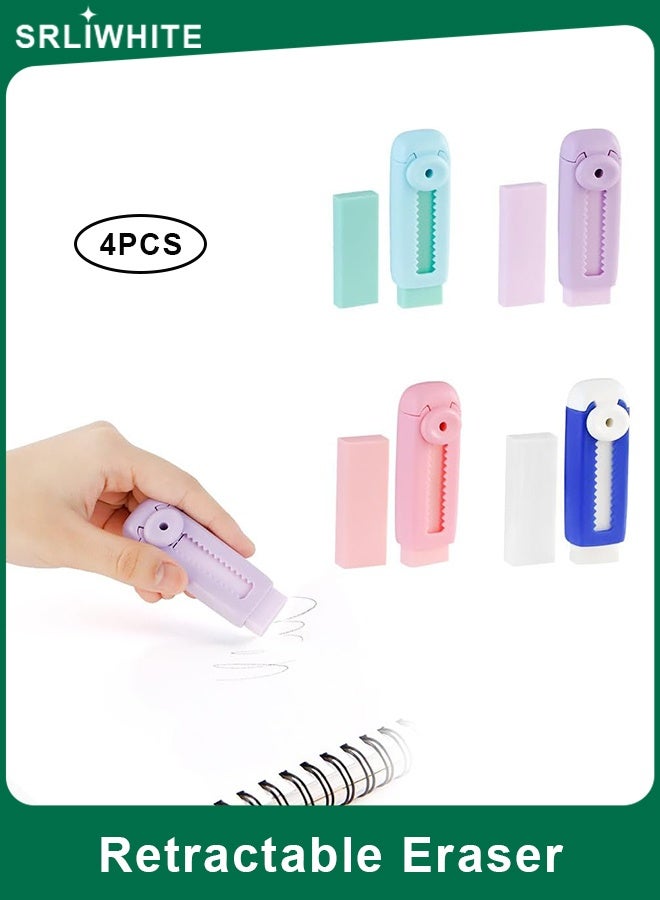 SRLIWHITE 4PCS Sliding Retractable Rubber Erasers with 4 Refill Erasers, Soft Push-Pull Pencil Erasers with Plastic Sleeve, Cute Large Erasers for Students Kids School Office Supplies, Multicolor - Image 1